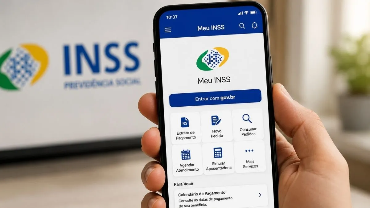 Celular exibe o aplicativo Meu INSS com opções de consulta de benefício e pagamento.