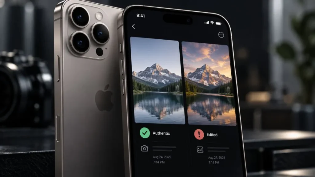 iPhone 18 Pro exibindo comparação entre uma foto autenticada e uma versão editada, com destaque para o recurso de verificação de alterações em imagens.