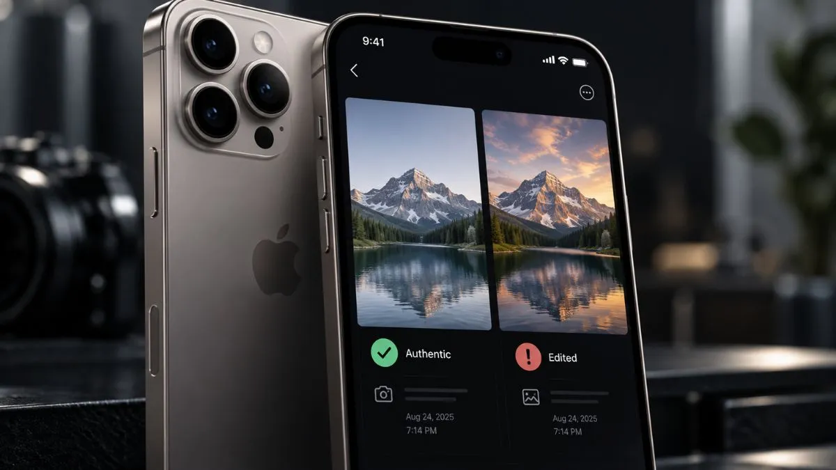 iPhone 18 Pro exibindo comparação entre uma foto autenticada e uma versão editada, com destaque para o recurso de verificação de alterações em imagens.