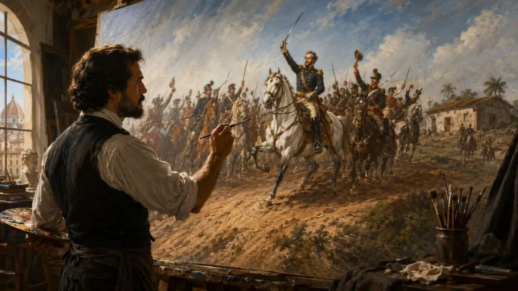 O Famoso Quadro Do 7 De Setembro Foi Pintado 66 Anos Depois: Veja O Que É História E O Que Foi Construído 4 Ilustração Mostra Pedro Américo Diante De Uma Grande Pintura Da Independência Do Brasil, Com Dom Pedro I A Cavalo E Espada Erguida No Centro Da Cena