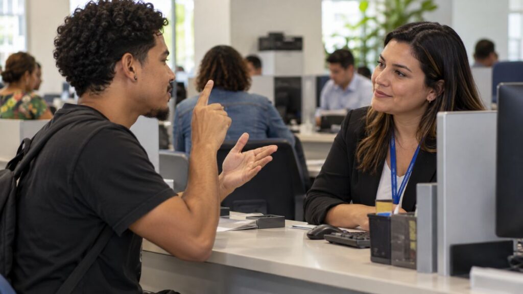 Falta de Libras ainda dificulta acesso a serviços; data internacional chama atenção para barreiras na comunicação 1 Pessoa surda se comunica em Libras durante atendimento em serviço público