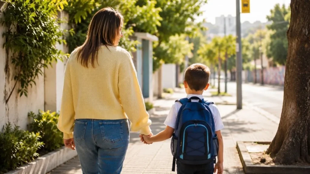 Mãe Caminha De Mãos Dadas Com Menino De Mochila Escolar Em Rua Arborizada Antes Do Início Das Aulas