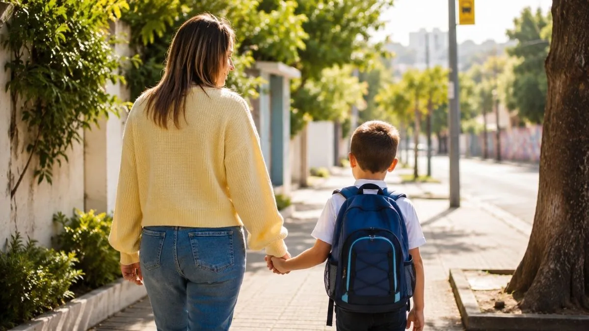 Mãe caminha de mãos dadas com menino de mochila escolar em rua arborizada antes do início das aulas