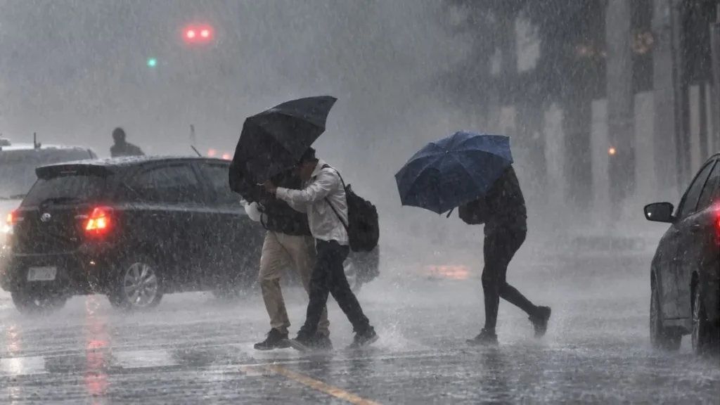 Pedestres atravessam rua sob chuva intensa e rajadas de vento, protegendo-se com guarda-chuvas.