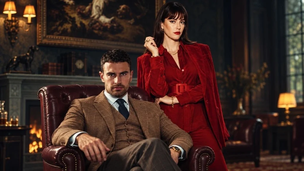 Magnatas do Crime vira nº 1 na Netflix e primeira temporada dispara 72% 4 Protagonistas de Magnatas do Crime em ambiente luxuoso, com homem de terno marrom sentado e mulher de vermelho ao lado.