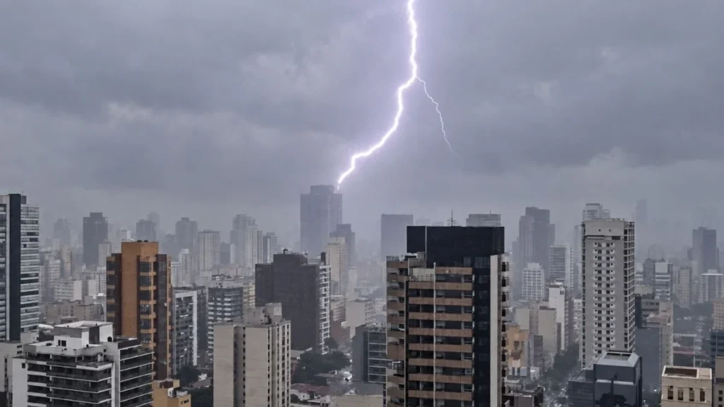 Alerta laranja atinge Caieiras e região: como se preparar para chuva forte e rajadas intensas 2 Raio atinge área urbana durante tempestade com chuva forte e baixa visibilidade.