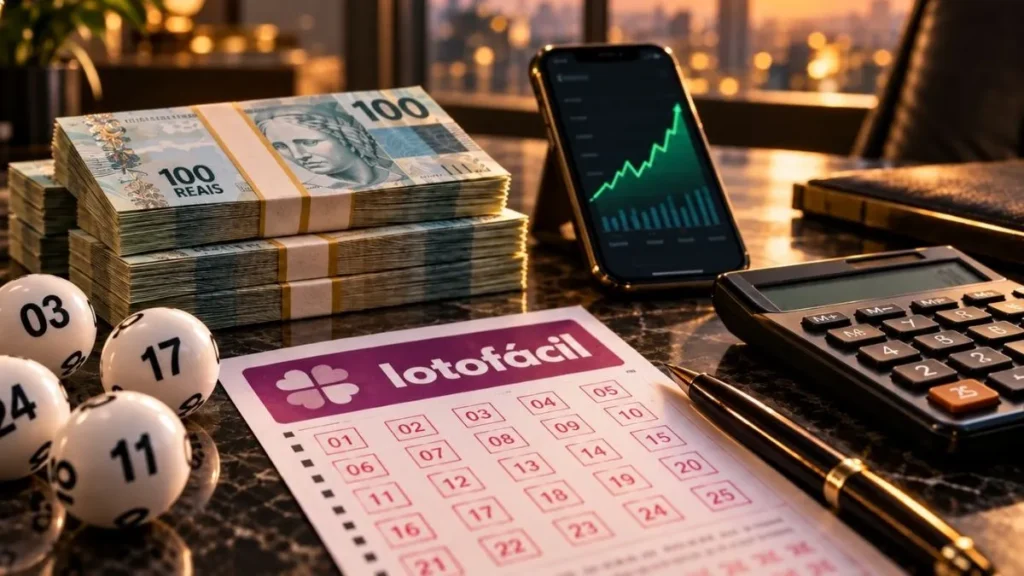 Volante da Lotofácil ao lado de pilhas de notas de R$ 100, bolas numeradas, calculadora e celular com gráfico de investimentos.