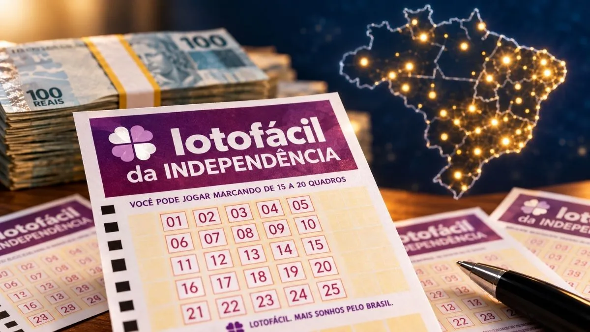 Volantes da Lotofácil da Independência em primeiro plano, notas de R$ 100 e mapa do Brasil iluminado ao fundo, representando as apostas vencedoras espalhadas pelo país.