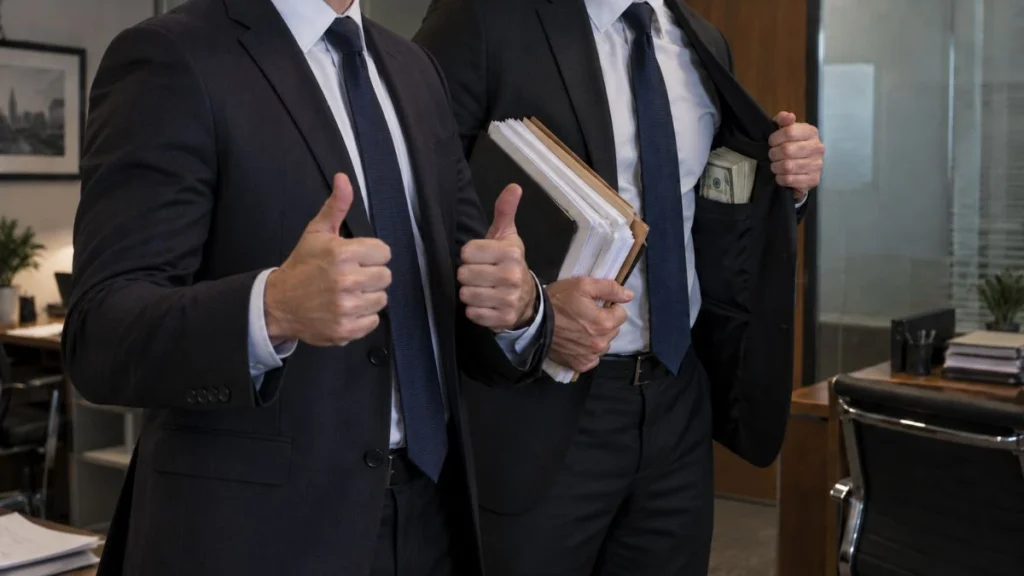 Contratados da Prefeitura de Caieiras têm idoneidade questionada 3 Dois homens de terno aparecem sem o rosto visível em um escritório, sendo que um faz sinal positivo com as duas mãos e o outro segura documentos enquanto mostra dinheiro no bolso interno do paletó