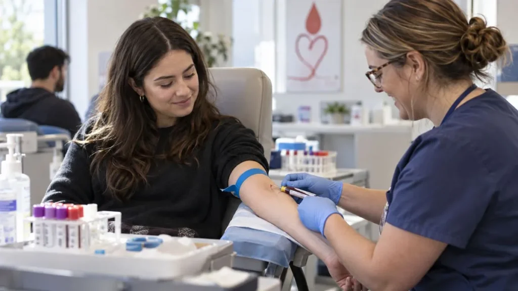 Jovem realiza coleta de sangue em hemocentro para cadastro como possível doador de medula óssea