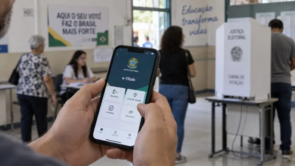 Eleitor consulta o e-Título no celular diante de uma seção eleitoral durante preparação para as eleições