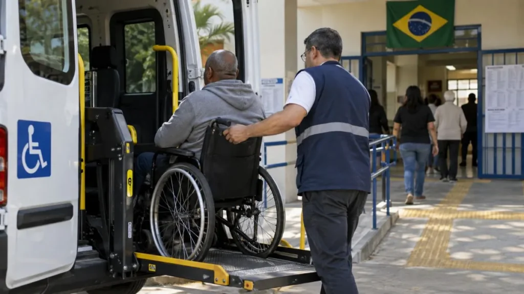Eleições 2026 entram em nova fase com regra sobre prisão, transporte gratuito e alertas pelo e-Título 1 Pessoa com mobilidade reduzida embarca em veículo adaptado diante de local de votação