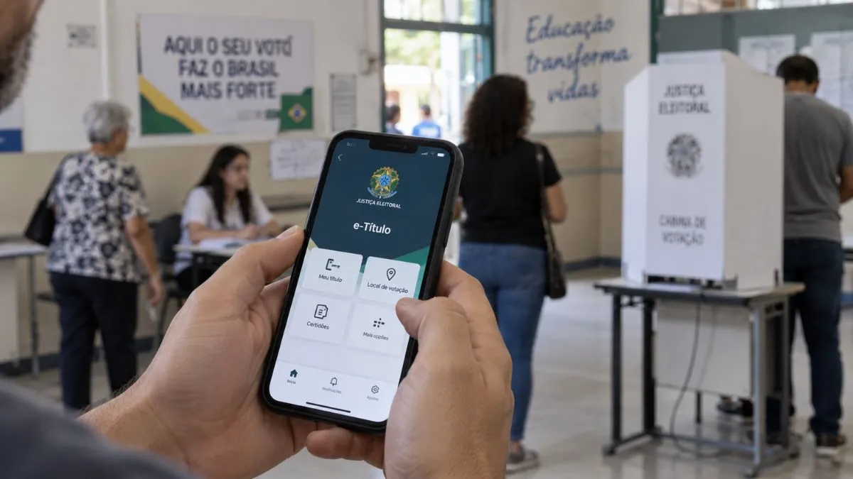 Eleitor consulta o e-Título no celular diante de uma seção eleitoral durante preparação para as eleições