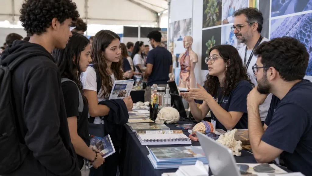 Feira gratuita da USP abre cadastro para estudantes conhecerem cursos, vestibular e carreiras 1 Grupo de estudantes conversa com universitários e professores em estande da feira, ao lado de materiais informativos e modelos didáticos