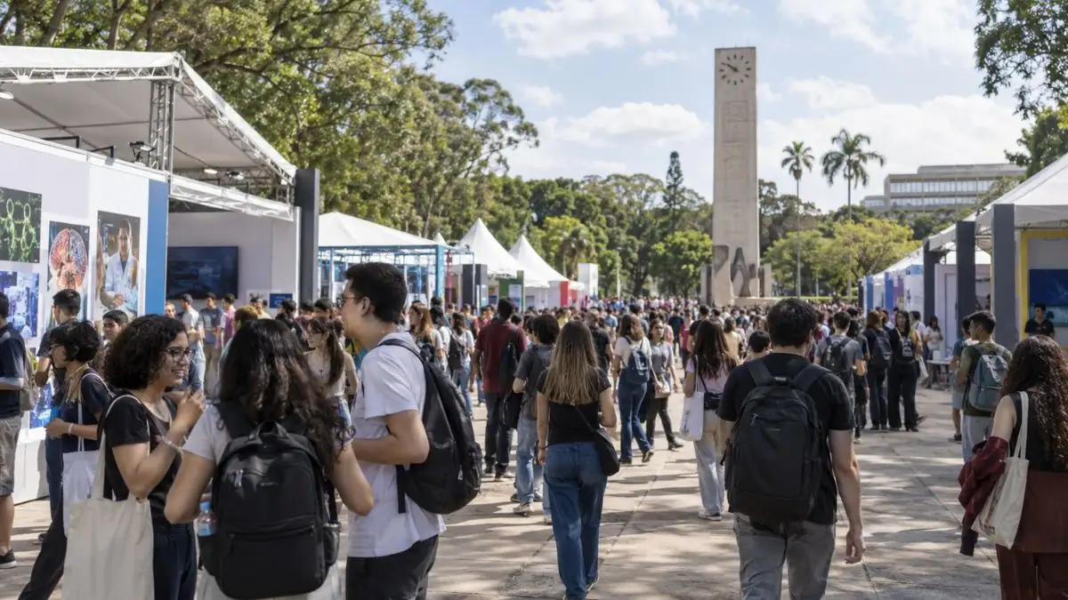 Estudantes circulam entre estandes e pavilhões durante feira universitária no campus da USP, com a Praça do Relógio ao fundo