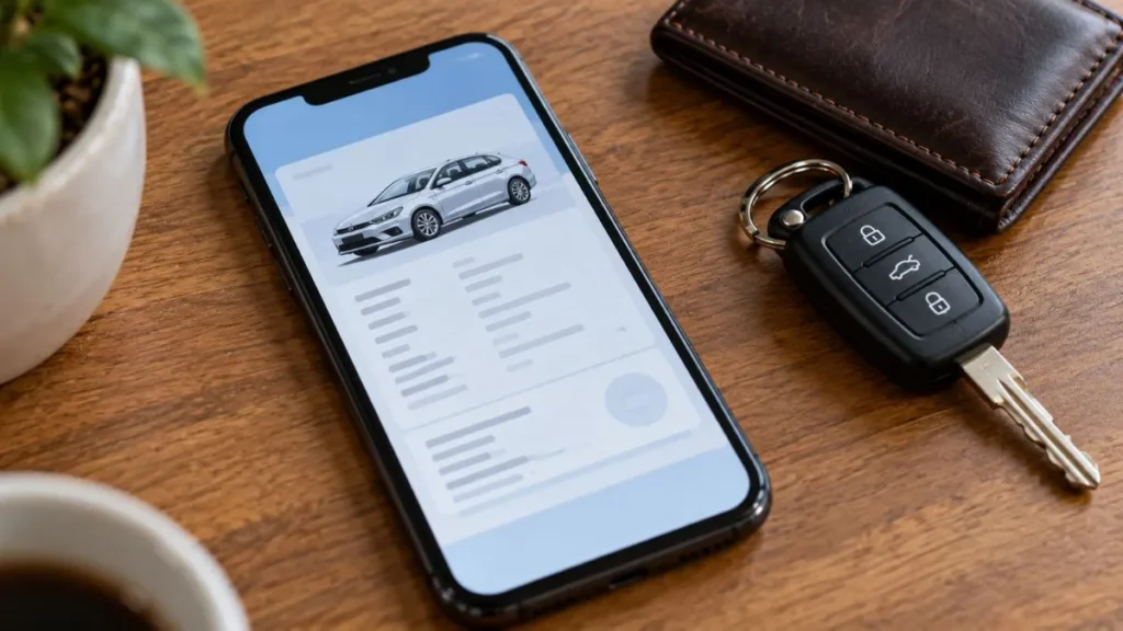 Licenciamento de veículos com placas finais 5 e 6 entra nas últimas horas em São Paulo 1 Celular mostra consulta de documento veicular ao lado de chave de carro e carteira