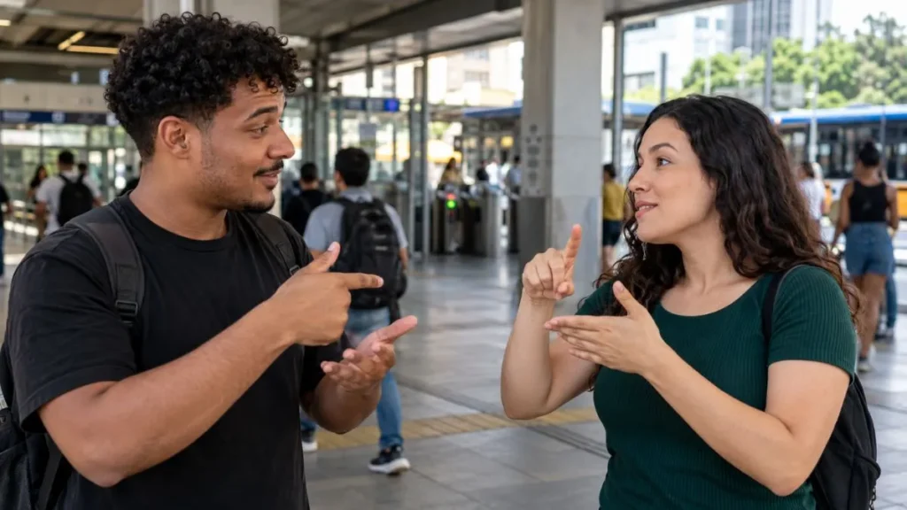 Falta de Libras ainda dificulta acesso a serviços; data internacional chama atenção para barreiras na comunicação 1 Duas pessoas conversam em Libras em espaço público durante atividade cotidiana