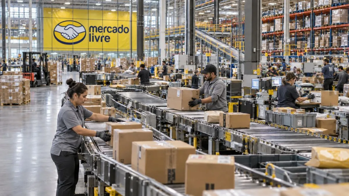Trabalhadores atuam na separação e movimentação de encomendas dentro de um centro logístico com banner do Mercado Livre ao fundo.