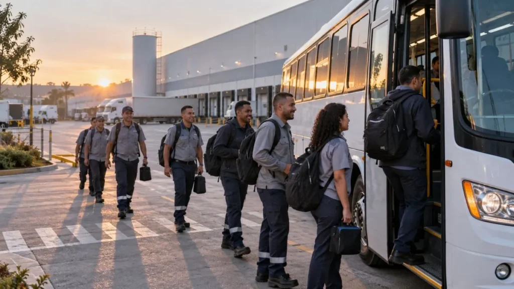 Mercado Livre abre vagas em Cajamar com salário de R$ 2,3 mil e fretado para cidades da região 1 Trabalhadores embarcam em ônibus fretado em frente a um centro logístico no início da manhã