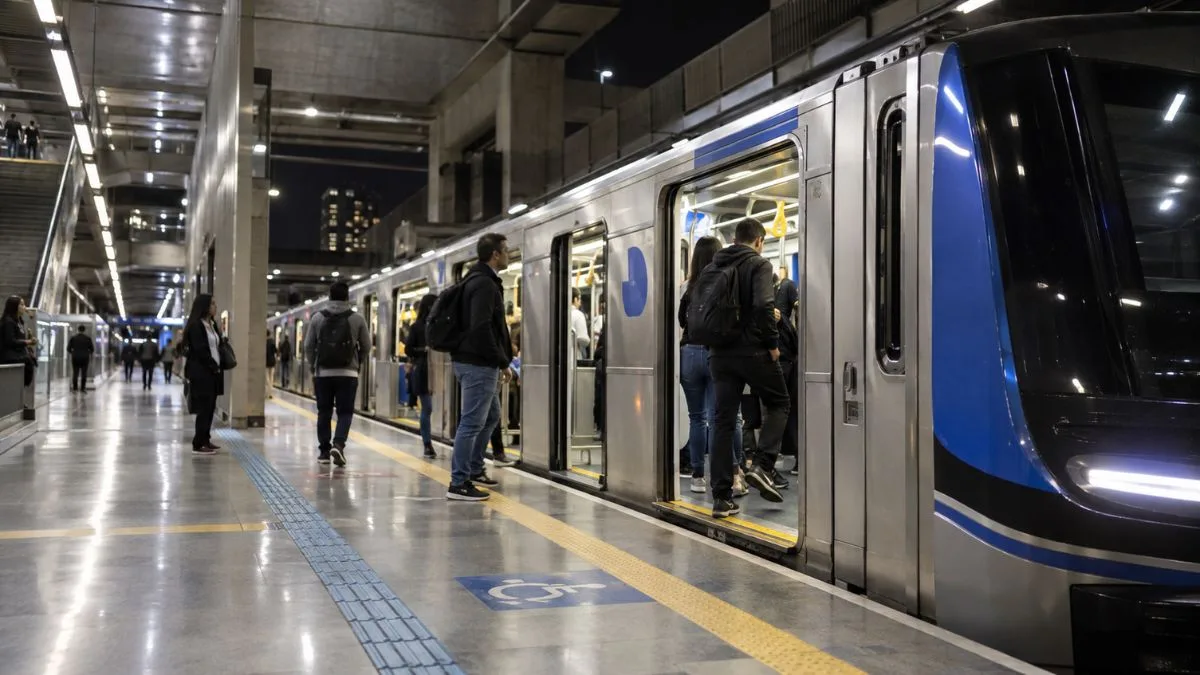Estação do Metrô de São Paulo durante a madrugada, com trem parado na plataforma, passageiros embarcando e iluminação noturna intensa