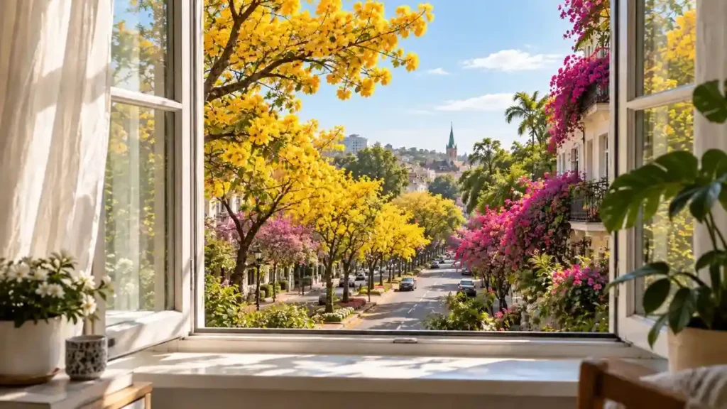 Primavera começa nesta terça às 21h05 e deve trazer mais calor, chuva e mudanças na rotina 1 Janela aberta revela uma avenida arborizada, com ipês-amarelos e buganvílias floridas, sob céu azul e clima ensolarado de primavera.