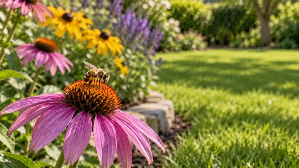 Primavera começa nesta terça às 21h05 e deve trazer mais calor, chuva e mudanças na rotina 1 Abelha pousada sobre uma flor rosa em close, diante de um pequeno gramado e de um jardim com flores coloridas ao fundo