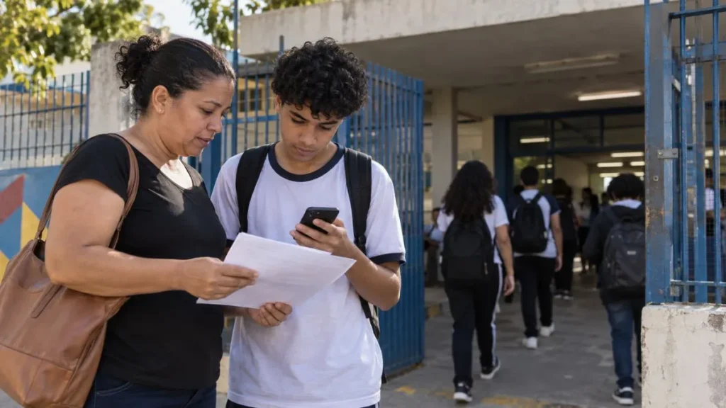 Mãe e filho adolescente conferem documentos e celular em frente ao portão de uma escola estadual, enquanto outros estudantes entram na unidade ao fundo