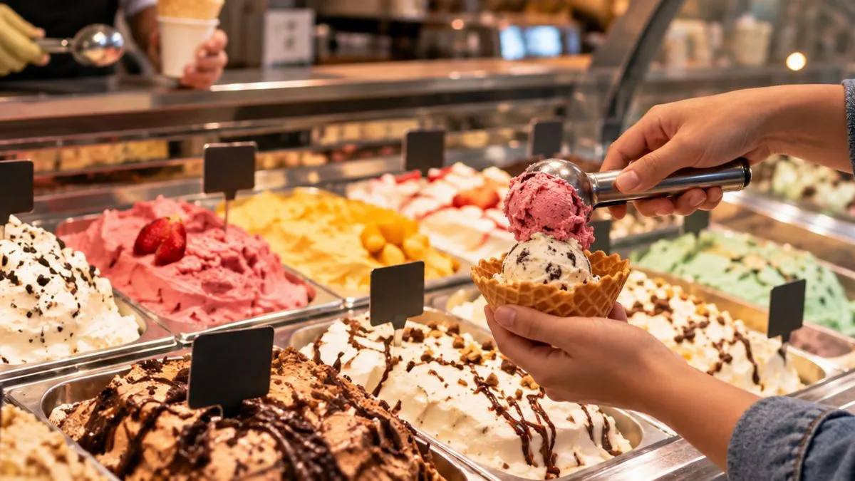 Mão segura cestinha de biju com uma bola de sorvete enquanto outra porção é servida diante de uma vitrine com vários sabores.