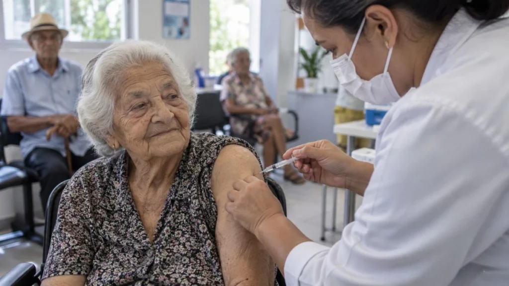Idosa com mais de 85 anos recebe vacina no braço durante atendimento em unidade de saúde