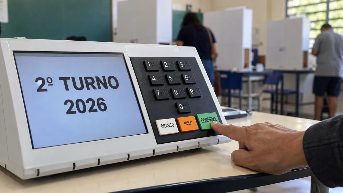 Eleitor pressiona a tecla verde “CONFIRMA” em uma urna eletrônica durante o segundo turno das eleições de 2026