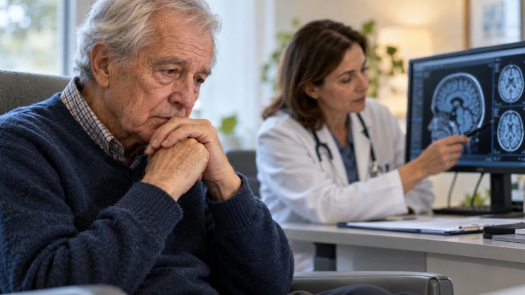 Homem idoso durante consulta neurológica, enquanto médica analisa imagens do cérebro em um monitor, ilustrando a investigação da demência com corpos de Lewy e do Alzheimer
