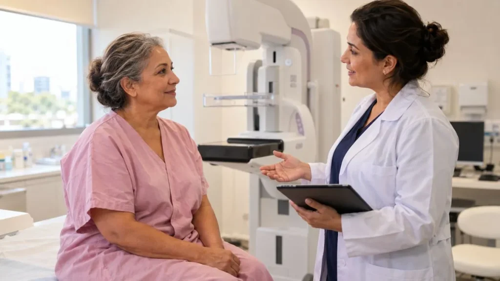 Outubro Rosa reforça acesso à mamografia gratuita pelo SUS em todo o Estado de São Paulo 2 Mulher conversa com profissional de saúde ao lado de equipamento de mamografia durante atendimento preventivo em clínica