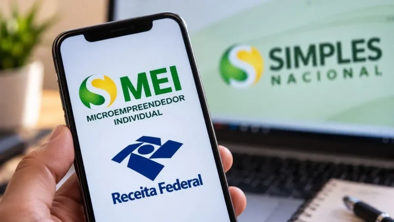 Celular com identificação do MEI e da Receita Federal em primeiro plano, diante de computador com o símbolo do Simples Nacional.
