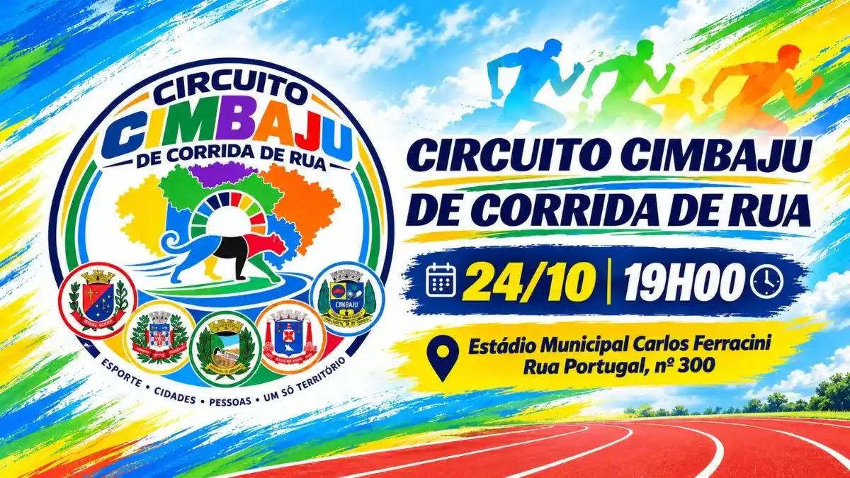 Arte de divulgação do Circuito Cimbaju de Corrida de Rua, com corredores estilizados, pista de atletismo e informações do evento marcado para 24 de outubro, às 19h, no Estádio Municipal Carlos Ferracini.