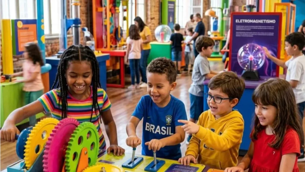 Dia das Crianças: confira festas, shows e passeios gratuitos de Caieiras a São Paulo e Jundiaí 1 Crianças exploram atividades educativas e experimentos interativos em espaço cultural.