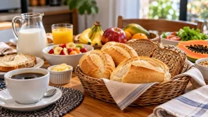 Mesa de café da manhã com pães variados, frutas, leite, café e outros alimentos, representando alimentação cotidiana e o Dia Mundial da Alimentação