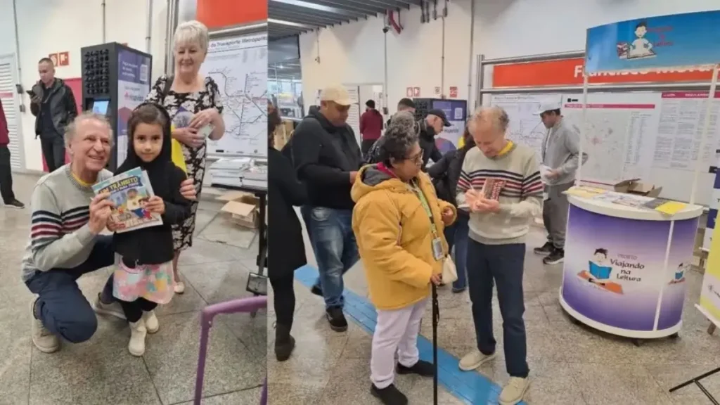 Participantes recebem livros gratuitamente durante ação de incentivo à leitura realizada em estação ferroviária.