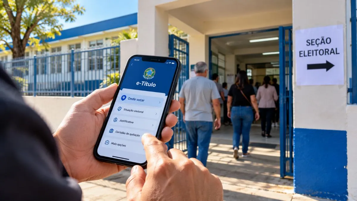Eleitor consulta no celular o local de votação diante de escola utilizada como seção eleitoral no segundo turno,