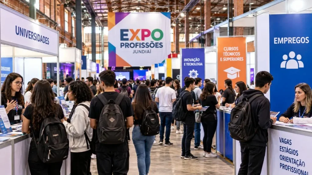 Estudantes e profissionais circulam entre estandes de universidades, cursos técnicos e empresas durante feira de profissões, ilustrando a Expo Profissões 2026 de Jundiaí.