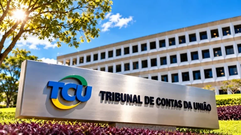 Fachada do Tribunal de Contas da União, em Brasília, com identificação institucional em primeiro plano.