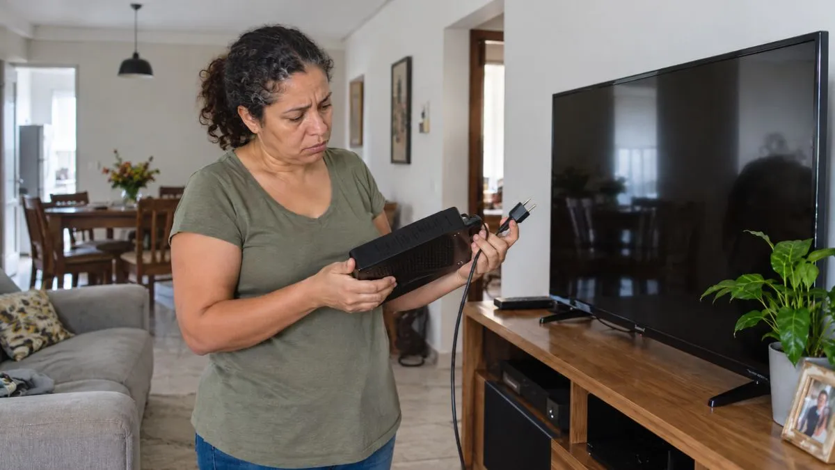 Morador verifica aparelho eletrônico que deixou de funcionar após queda de energia em uma residência.