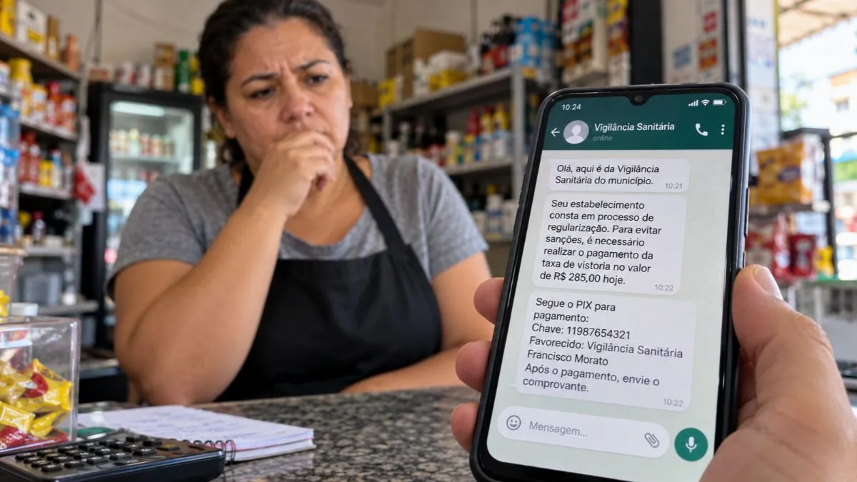 Celular exibe mensagem suspeita atribuída à Vigilância Sanitária, ilustrando alerta sobre tentativa de golpe contra comerciantes de Francisco Morato