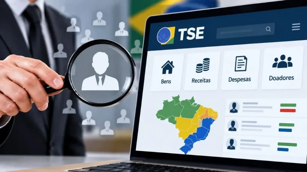 Ilustração de consulta ao patrimônio de candidatos no TSE, com lupa sobre perfil de candidato e computador exibindo bens, receitas, despesas e doadores.