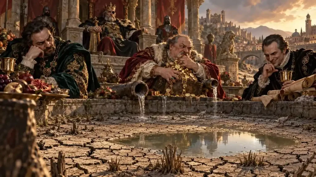 A pequena lagoa seca pela inveja, ganância e malícia dos comensais 2 Cena alegórica em estilo medieval mostra uma corte luxuosa diante de uma pequena lagoa quase seca, com solo rachado e pouca água restante. Três homens ricamente vestidos, associados à inveja, ganância e malícia, aparecem em primeiro plano cercados por moedas, pergaminhos e taças, enquanto ao fundo um rei zarolho observa do trono, em meio a um ambiente de riqueza e decadência