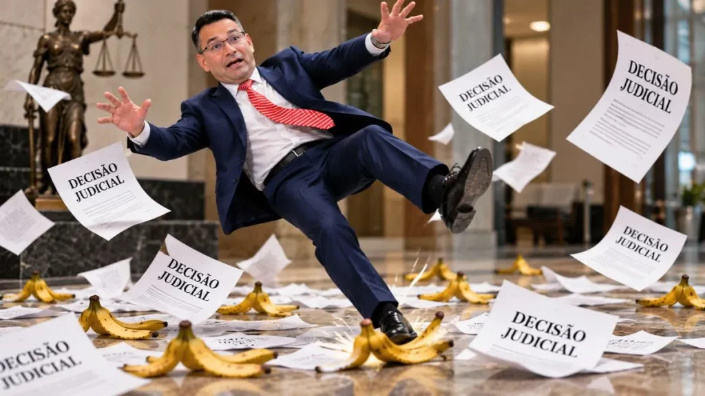 Alt text: Montagem satírica mostra o prefeito de Caieiras escorregando em cascas de banana e documentos com a inscrição “DECISÃO JUDICIAL”, espalhados pelo chão