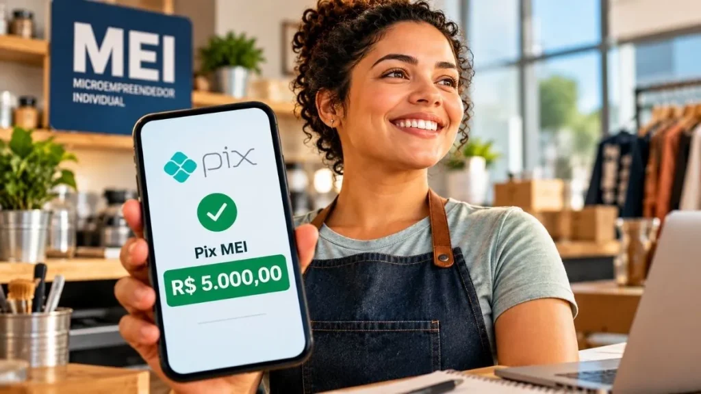 Microempreendedora em seu estabelecimento comercial segura celular com imagem ilustrativa do Pix MEI e valor de R$ 5 mil, benefício previsto para 2027.