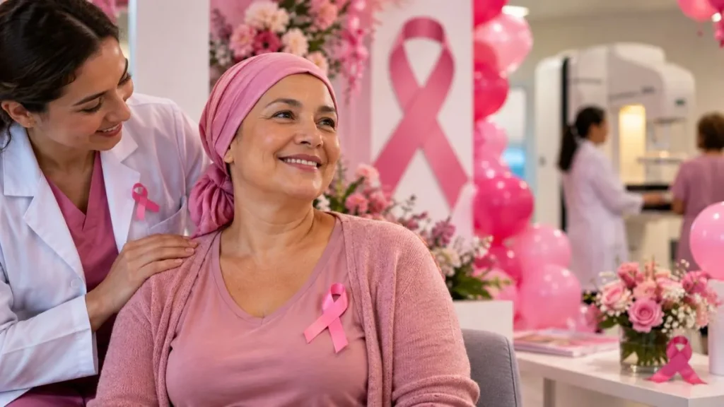 Outubro Rosa: um olhar mais atento à mulher para viver mais e melhor 1 Mulher com lenço rosa e laço do Outubro Rosa sorri enquanto recebe acolhimento de uma profissional de saúde em ambiente decorado com flores, laços e bexigas cor-de-rosa