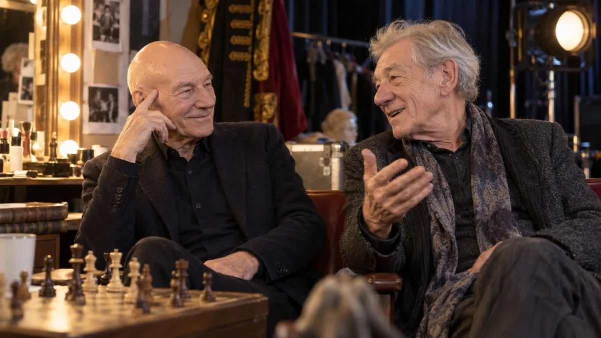 Representação de Patrick Stewart e Ian McKellen conversando e sorrindo em um camarim de teatro, com um tabuleiro de xadrez em primeiro plano, simbolizando a amizade dos atores de X-Men