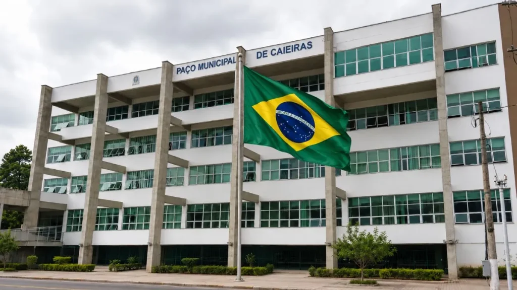 Imagem ilustrativa do Paço Municipal de Caieiras, com bandeiras do Brasil, de São Paulo e do município, representando o funcionamento das repartições no Dia do Servidor Público