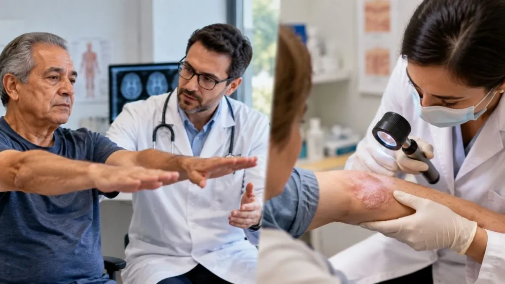AVC e psoríase: sinais que você não deve ignorar e tratamentos pelo SUS 3 Médico avalia paciente durante exame neurológico, enquanto dermatologista examina lesão na pele, ilustrando os cuidados com AVC e psoríase